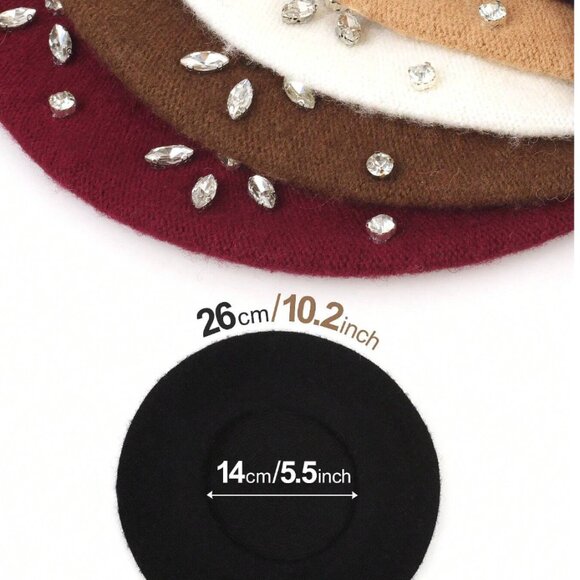 Wool Blend Rhinestone Flower Knitted Beret Cap Black - Picture 2 of 3